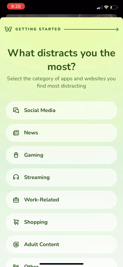 Freedom onboarding screen 6: 'Select the category of apps you find most distracting' but it reads single-select