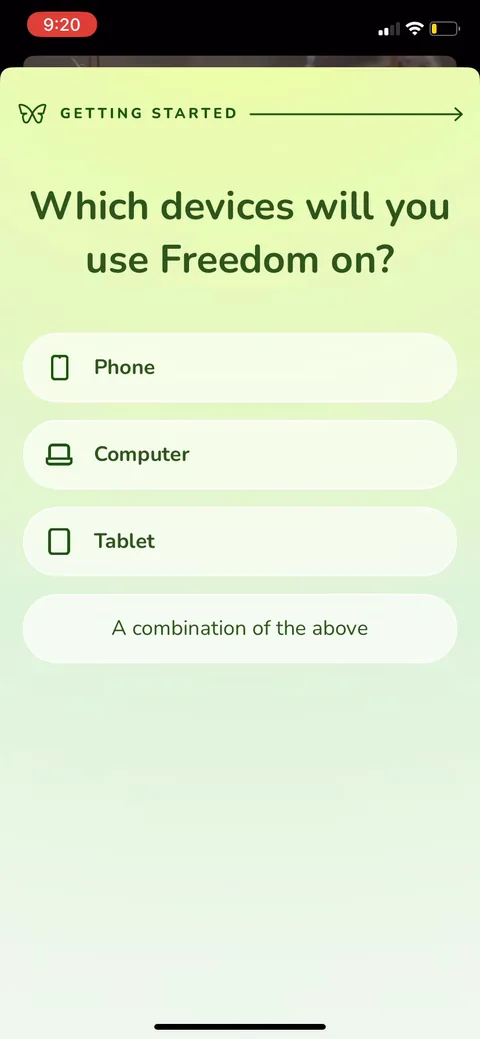 Freedom onboarding screen 7: Which devices will you use Freedom on