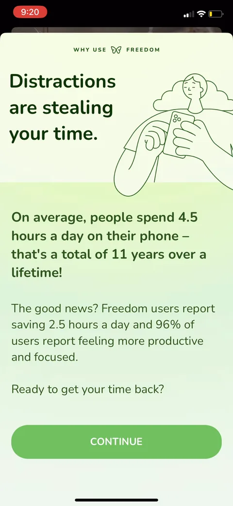 Freedom onboarding screen 8: Loss-aversion screen right before the paywall: '4.5 hours a day on their phone, 11 years over a lifetime.'…
