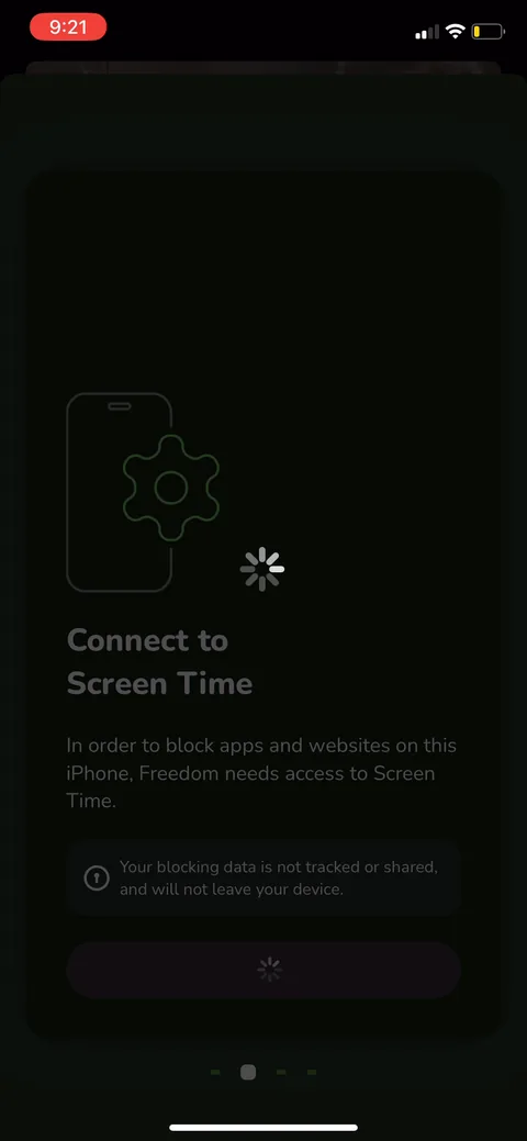 Freedom onboarding screen 10: Screen Time permission with the privacy line right on it: 'your blocking data is not tracked or shared and…