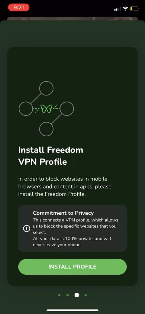 Freedom onboarding screen 12: VPN profile install