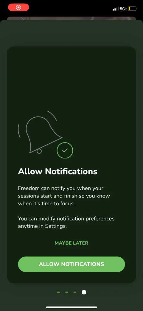 Freedom onboarding screen 15: Notification permission framed by the specific benefit: notify you 'when your sessions start and finish so…