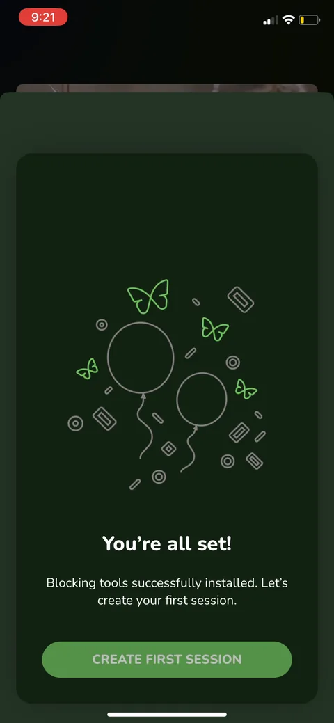 Freedom onboarding screen 16: 'You're all set, let's create your first session.' Good activation handoff
