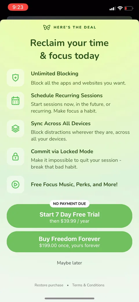 Freedom onboarding screen 47: The upgrade paywall, reachable later, adds a lifetime option: 'Buy Freedom Forever, $199 once.' The annual…