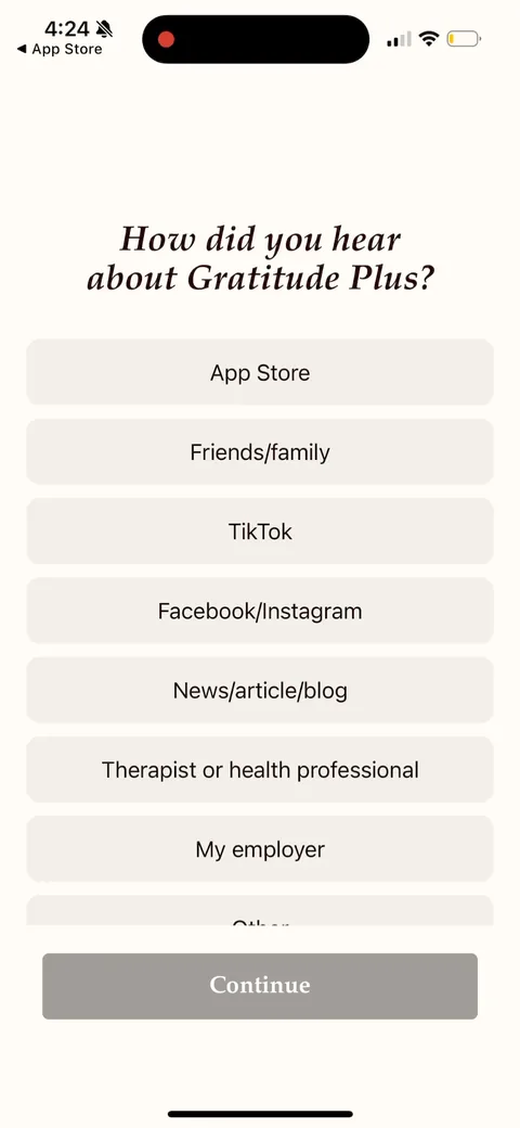 Gratitudeplus onboarding screen 3: Self-reported attribution survey