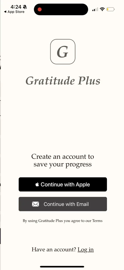Gratitudeplus onboarding screen 4: Account creation before they've done anything, Apple or email only
