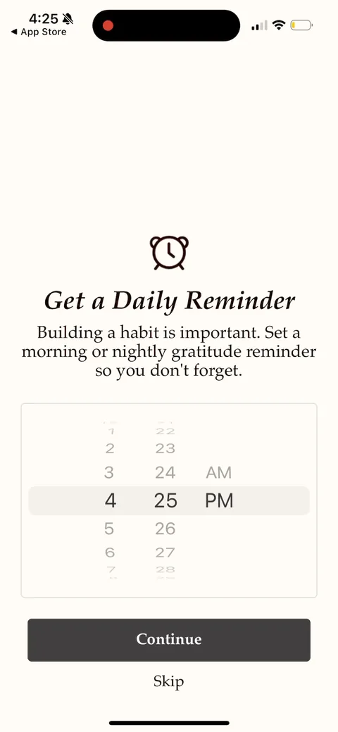 Gratitudeplus onboarding screen 7: Priming screen before the iOS notification dialog