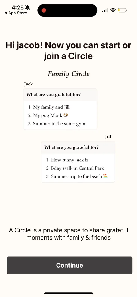 Gratitudeplus onboarding screen 10: A fake example circle showing Jack and Jill's gratitude entries