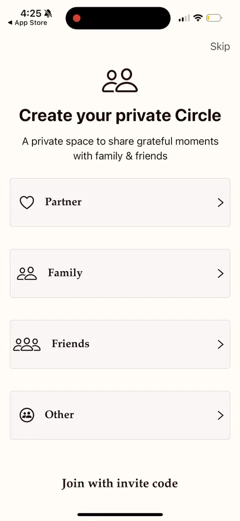 Gratitudeplus onboarding screen 11: The invite loop, set up inside onboarding