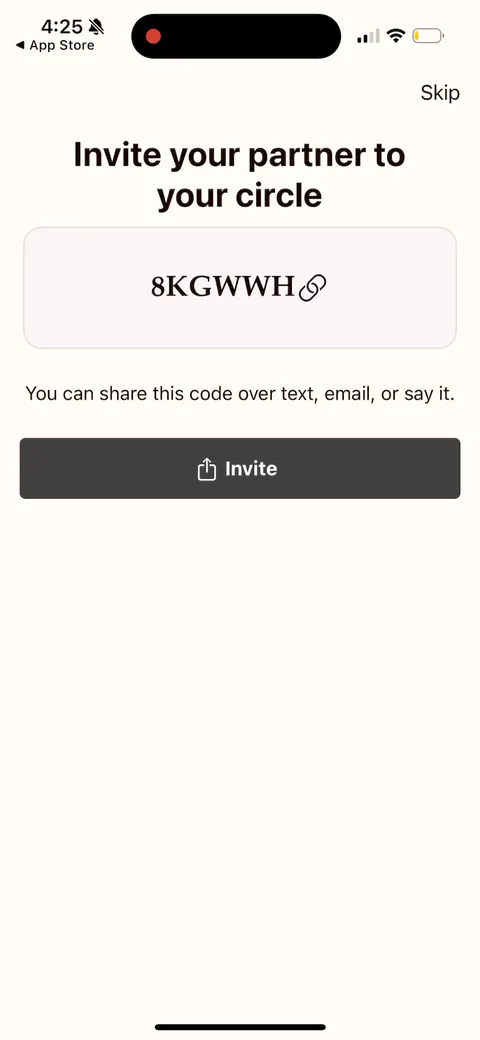 Gratitudeplus onboarding screen 15: The actual invite ask with a prefilled code to share over text