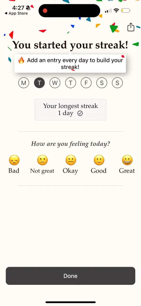 Gratitudeplus onboarding screen 24: Streak starts at day one plus a mood check-in