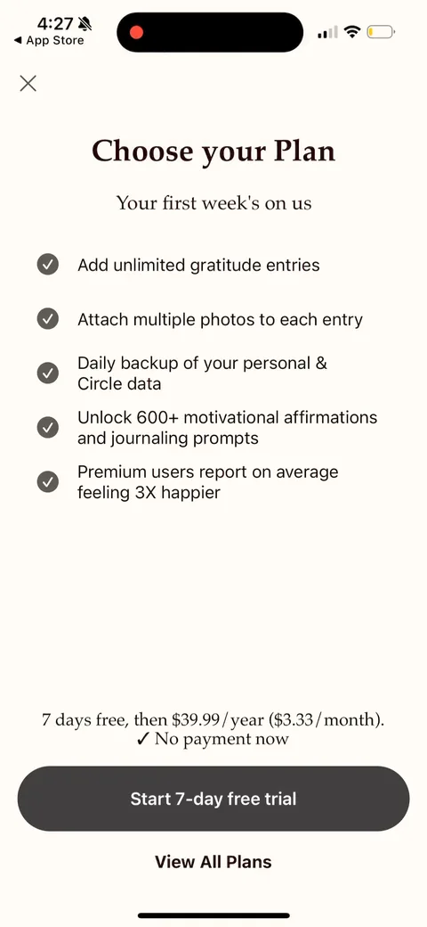 Gratitudeplus onboarding screen 31: The paywall, fired after the first entry and streak