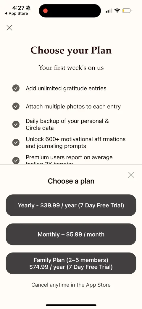 Gratitudeplus paywall with pricing, onboarding screen 32