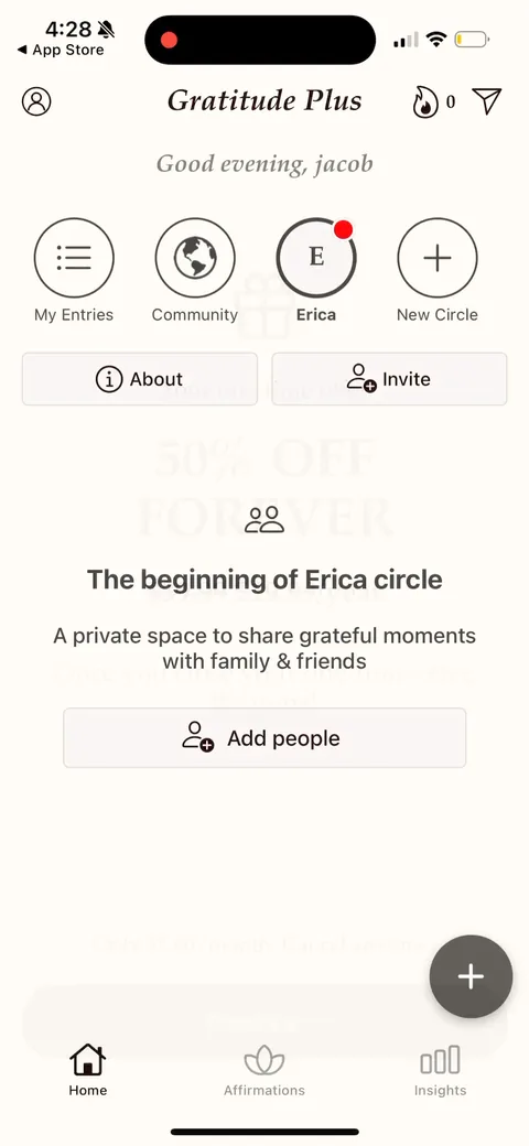 Gratitudeplus onboarding screen 38: Post-paywall you land on your circle and the community feed, already populated with the entry you wrote