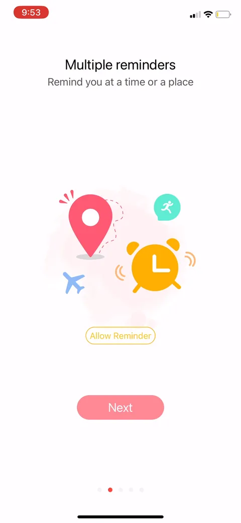 Habit Tracker onboarding screen 2: Opens with a value-prop carousel, and the first slide is 'multiple reminders.' Habit apps live and die on…