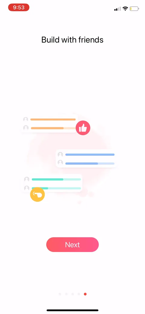 Habit Tracker onboarding screen 6: Social accountability slide: 'Build with friends.' Building habits with people who can see your streak is…