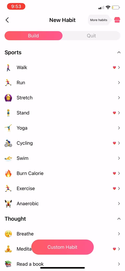 Habit Tracker onboarding screen 8: Pre-built habit menu (walk, run, stretch, swim, read a book) instead of a blank text field