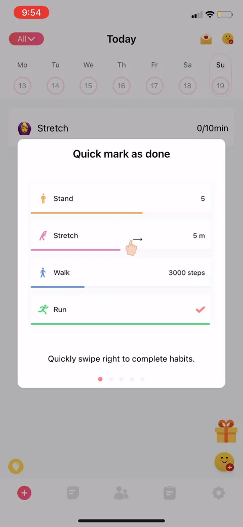 Habit Tracker onboarding screen 15: Tutorial overlay teaching the swipe-right-to-complete gesture