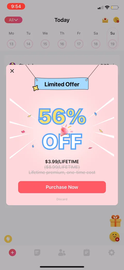 Habit Tracker onboarding screen 18: Mid-flow popup: '56% OFF, $3.99 lifetime' with $8.99 struck through