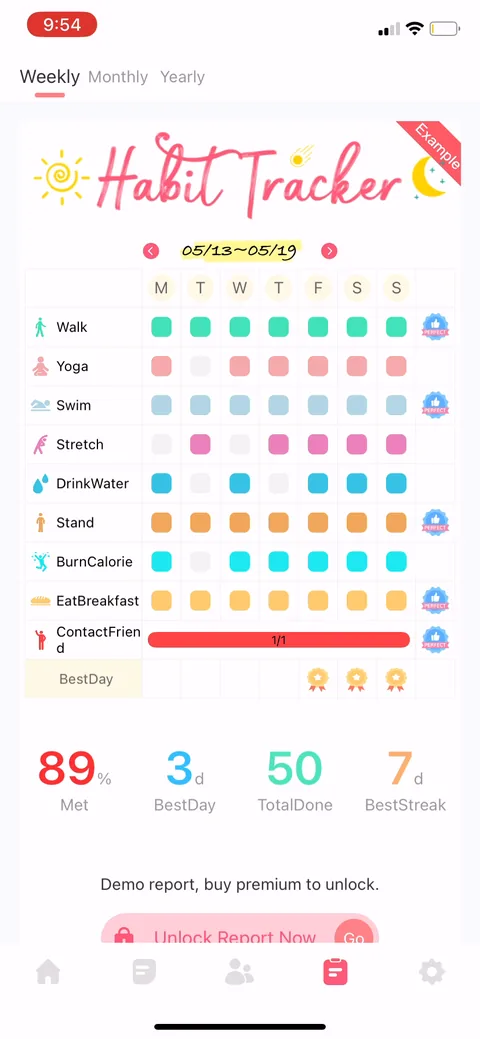 Habit Tracker onboarding screen 21: The weekly report shows up fully rendered with real-looking data, but stamped 'Example' and gated with 'Demo…