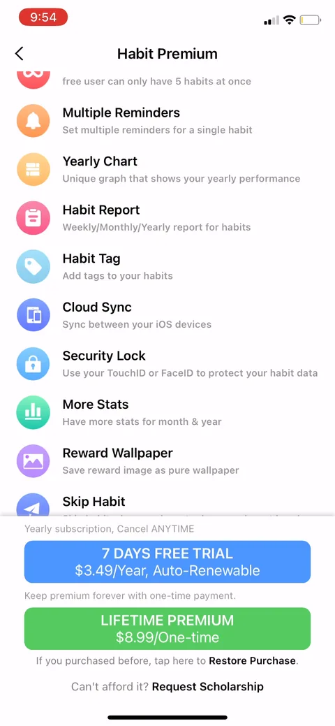 Habit Tracker onboarding screen 25: Feature-list paywall: 7-day free trial at $3.49/year as the default, $8.99 lifetime as the one-time option…