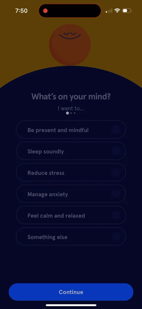 Headspace onboarding screen 16: 'What's on your mind
