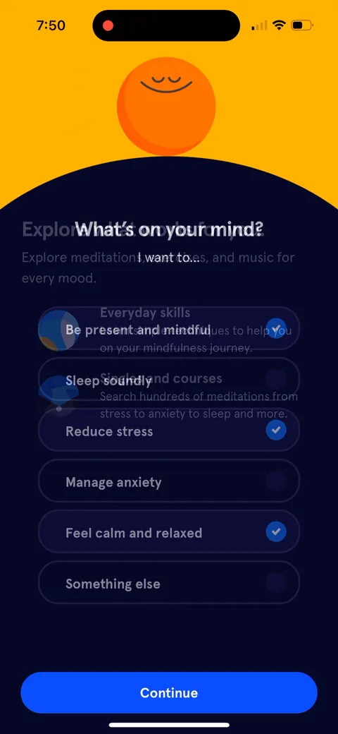 Headspace onboarding screen 18: Several goals ticked