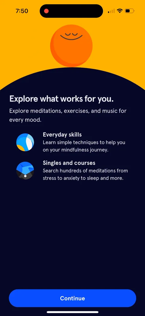 Headspace onboarding screen 19: 'Explore what works for you.' A generic library pitch: everyday skills, singles and courses