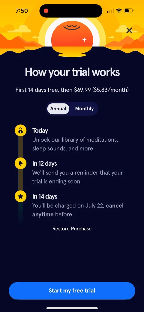 Headspace paywall with pricing, onboarding screen 20