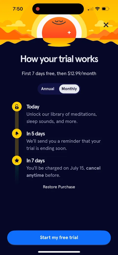 Headspace onboarding screen 21: Flip to Monthly and the trial drops to 7 days at $12.99/month