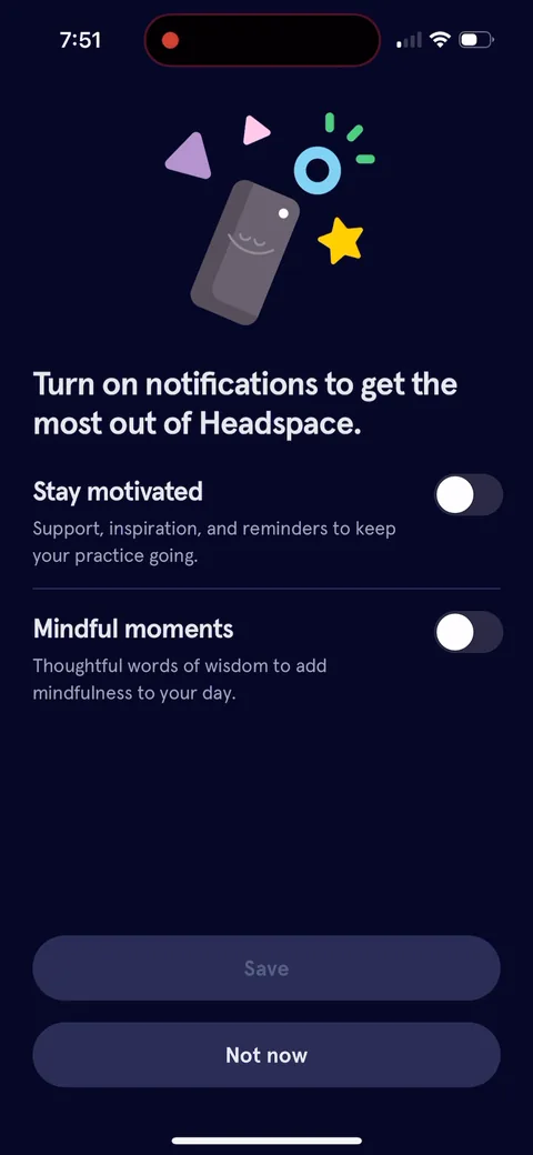Headspace onboarding screen 22: Notification ask with two in-app toggles, 'Stay motivated' and 'Mindful moments', each with its own benefit…