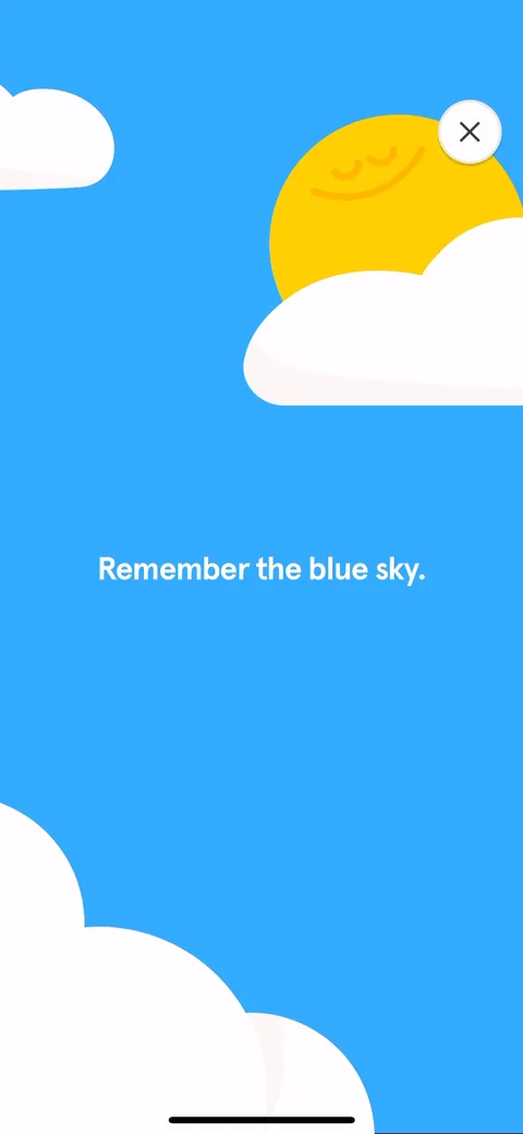 Headspace onboarding screen 44: 'Remember the blue sky.' Closes the loop on the metaphor from the start of the exercise