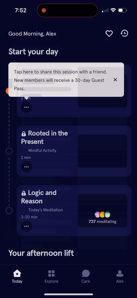Headspace onboarding screen 46: First look at home and a tooltip: 'Tap here to share this session with a friend