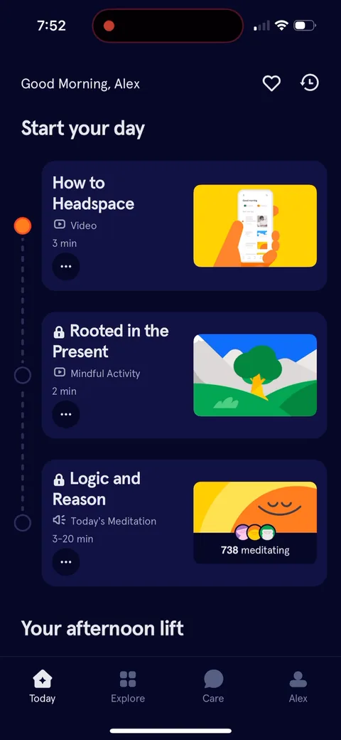 Headspace onboarding screen 48: Home is 'Good morning' plus a 'Start your day' plan: a 3-min 'How to Headspace' video, a 2-min activity…