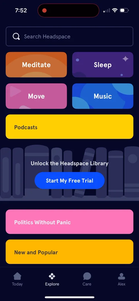 Headspace onboarding screen 51: The Explore tab leads with 'Unlock the Headspace library' and 'Start my free trial'