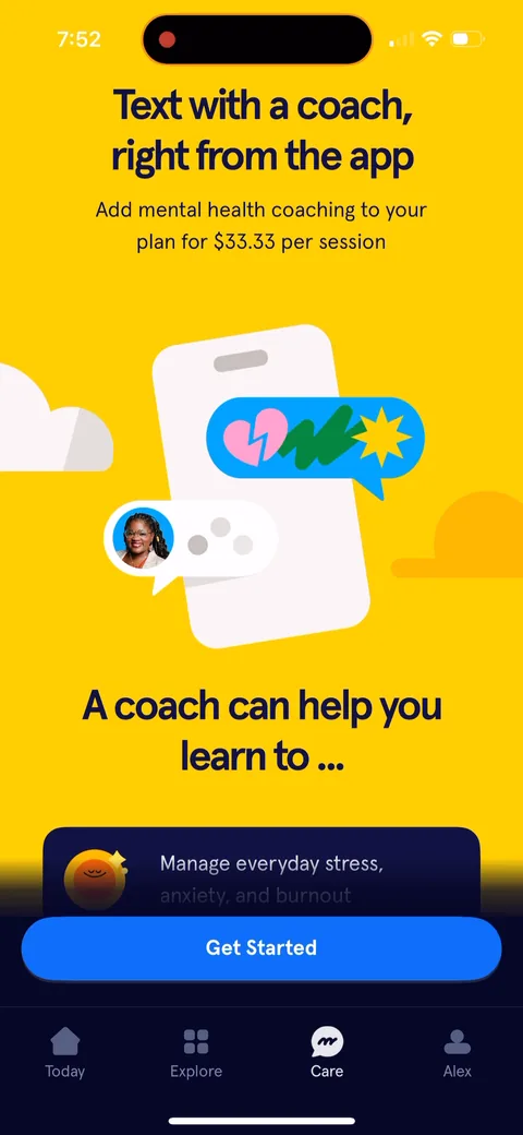 Headspace onboarding screen 60: 'Text with a coach right from the app.' Mental health coaching as a paid add-on at $33.33 per session