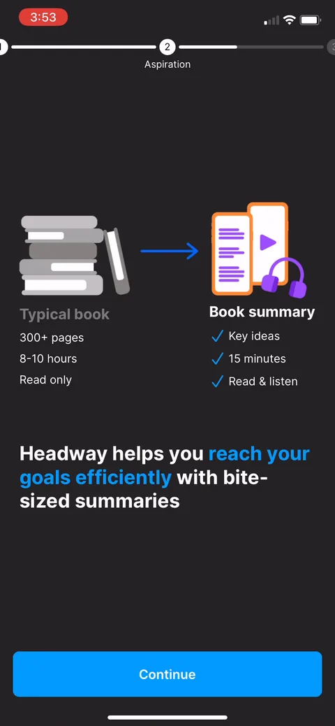 Headway onboarding screen 24: Side by side: typical book is 300+ pages, 8-10 hours, read only