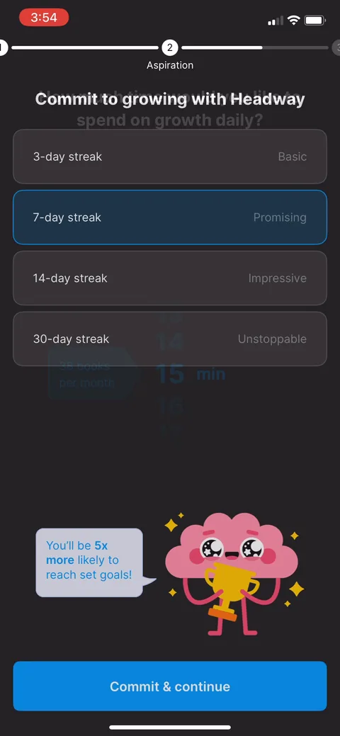 Headway onboarding screen 26: Pick a streak target (3 / 7 / 14 / 30 day), defaulted to 7-day 