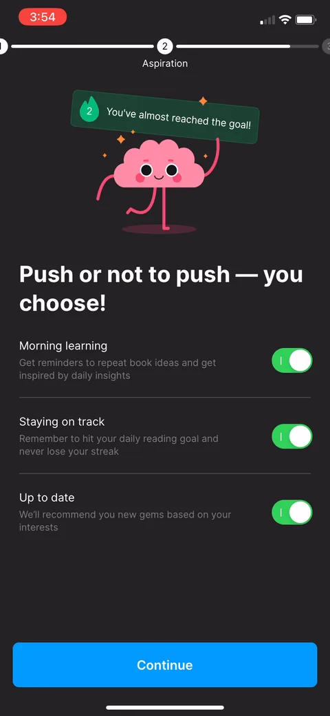 Headway onboarding screen 30: Notification ask is framed by benefit before the system dialog: 