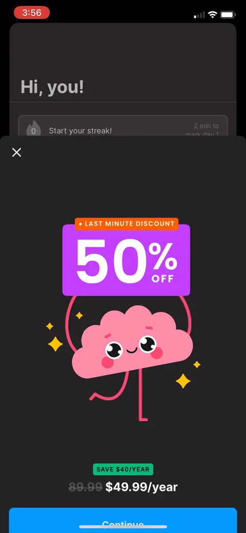 Headway onboarding screen 62: Hit the X and you get a last-minute 50% off: $89.99 struck through to $49.99/year