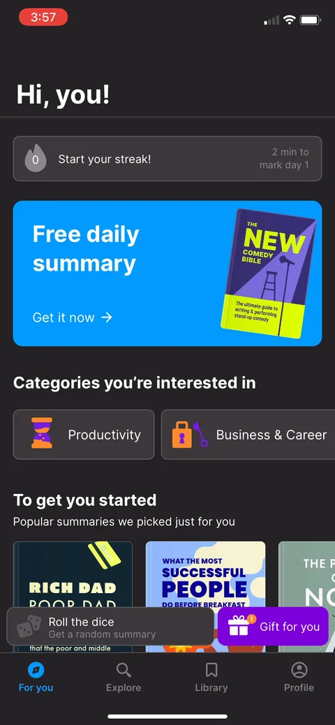 Headway onboarding screen 64: Post-paywall home drops you into a stocked feed (