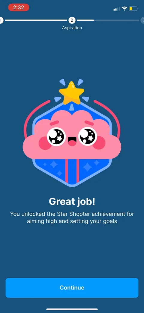 Headway onboarding screen 17: The quiz hands you a 'Star Shooter' achievement for setting your goals