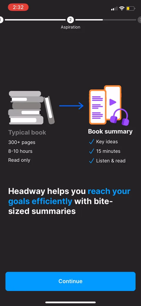 Headway onboarding screen 19: Side by side: a typical book is 300+ pages and 8-10 hours, a Headway summary is 15 minutes