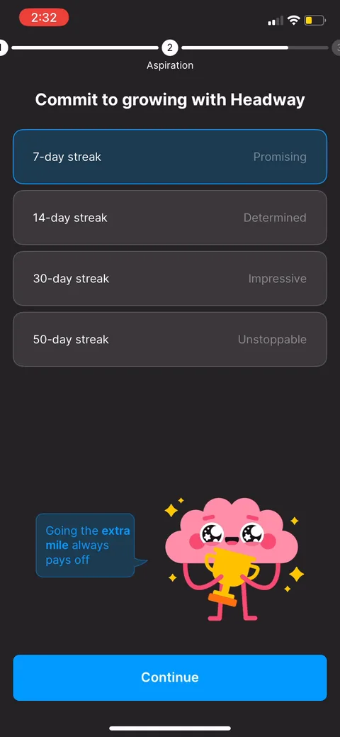 Headway onboarding screen 21: A streak ladder (7-day 'promising' up to 50-day 'unstoppable') before you've read a single summary