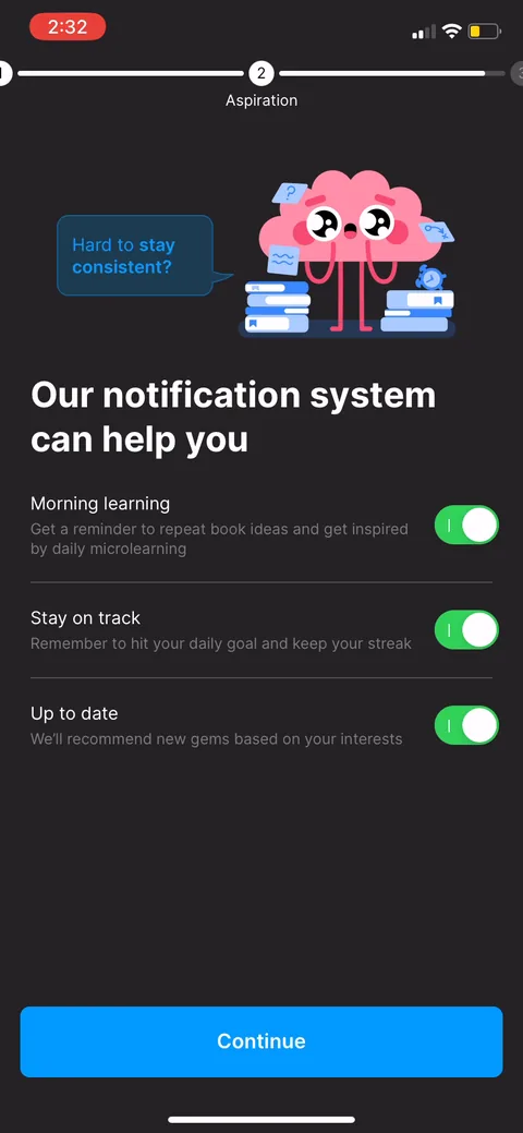 Headway onboarding screen 23: Notifications pitched by specific benefit: morning reminders, daily microlearning, streak nudges