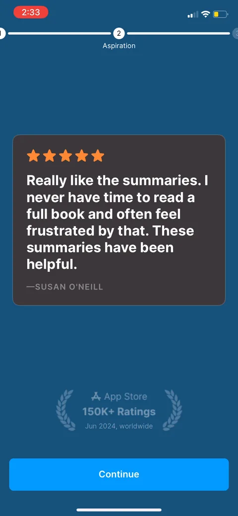 Headway onboarding screen 24: A 5-star user quote dropped into the quiz: 'never have time to read a full book.' Social proof that mirrors…