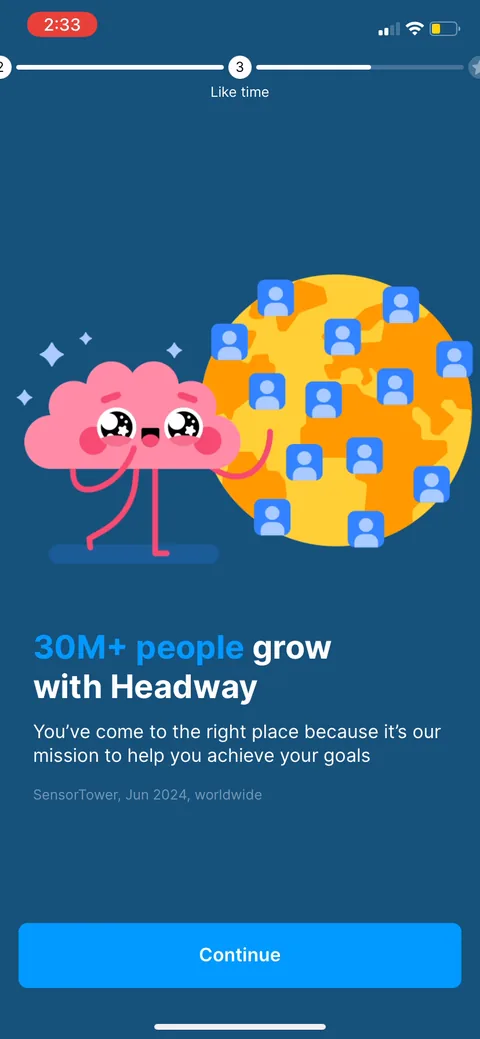 Headway onboarding screen 28: '30M users' with a Sensortower citation