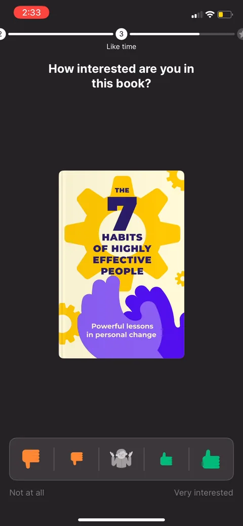 Headway onboarding screen 29: Thumbs up/down on real book covers ('How interested are you in this book?')