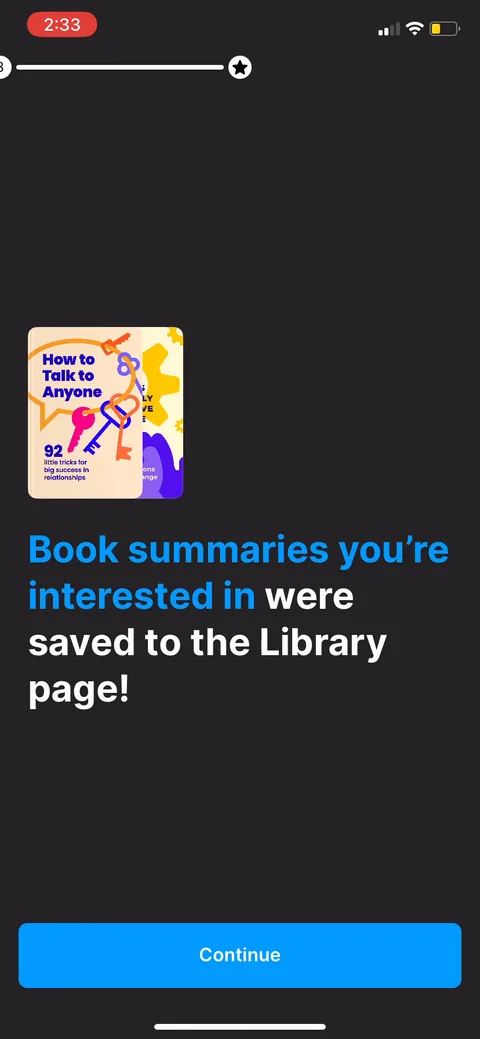 Headway onboarding screen 35: 'Book summaries you're interested in were saved to the library.' This pays off all those thumbs-up taps, so…