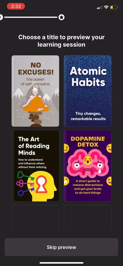 Headway onboarding screen 36: Free preview of a real summary (Atomic Habits) before any wall